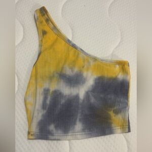 Yellow and Gray Tie-Dye One-Shoulder Top